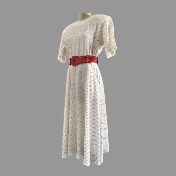 Authentic Original Vintage Style Dresses & Skirts - Vintage Dawn Joy Red White Polka Dow Short Sleeve Midi Dress Womens Size S/M